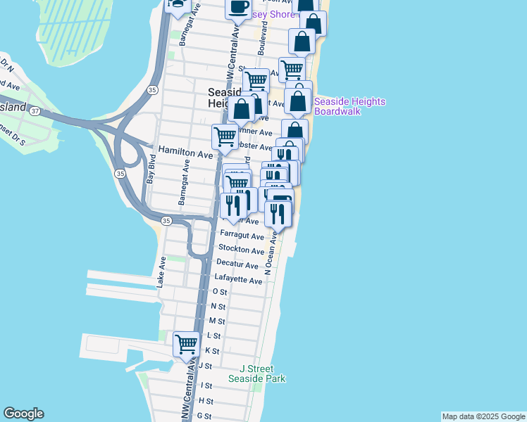 map of restaurants, bars, coffee shops, grocery stores, and more near 33 Dupont Avenue in Seaside Heights