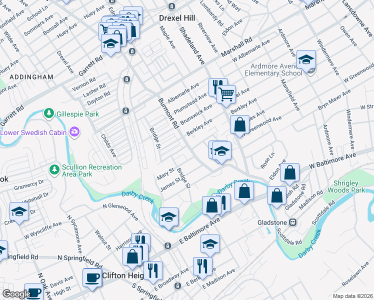 map of restaurants, bars, coffee shops, grocery stores, and more near 156 Burmont Road in Drexel Hill