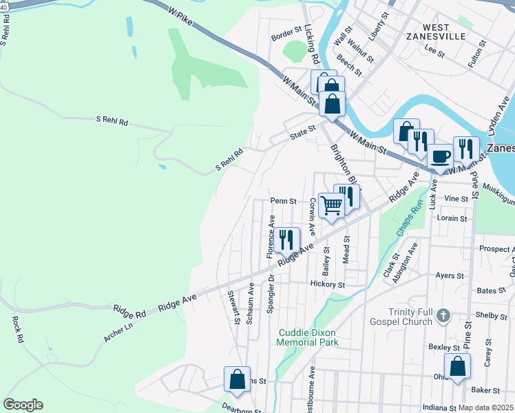 map of restaurants, bars, coffee shops, grocery stores, and more near 216 Schaum Avenue in Zanesville