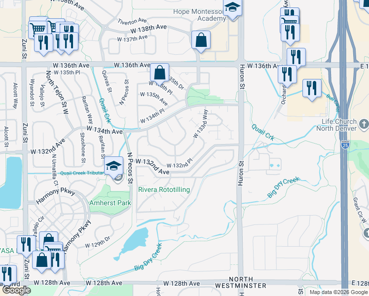 map of restaurants, bars, coffee shops, grocery stores, and more near 1247 West 133rd Way in Westminster