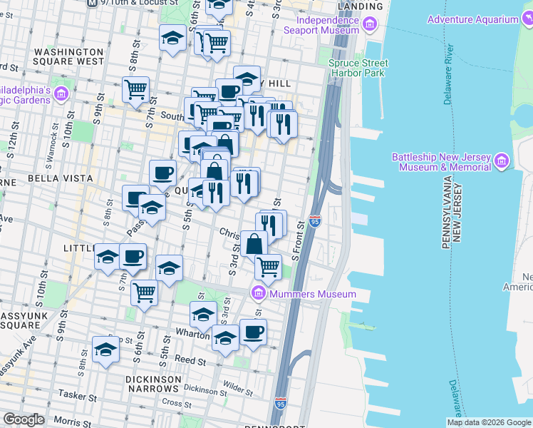 map of restaurants, bars, coffee shops, grocery stores, and more near 212 Catharine Street in Philadelphia