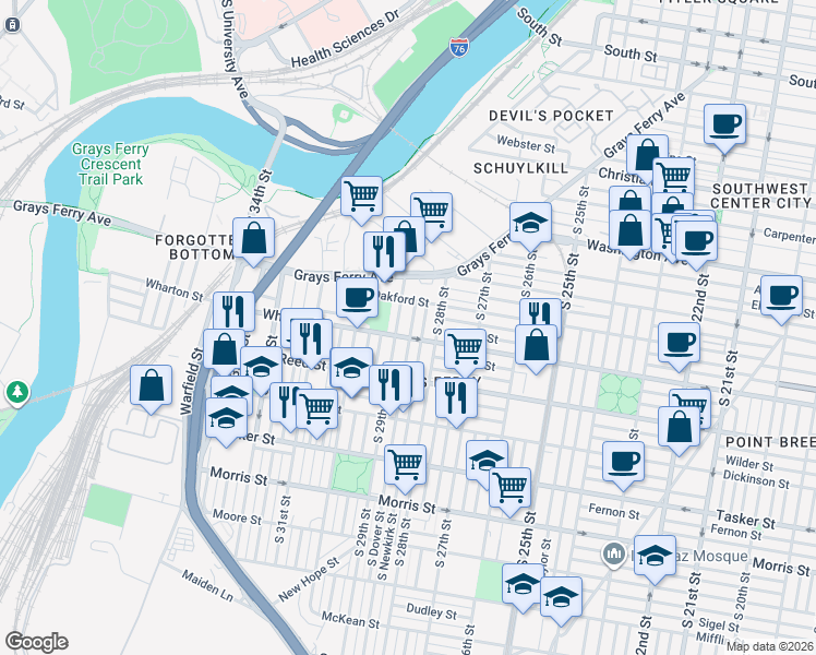 map of restaurants, bars, coffee shops, grocery stores, and more near 1267 South 29th Street in Philadelphia