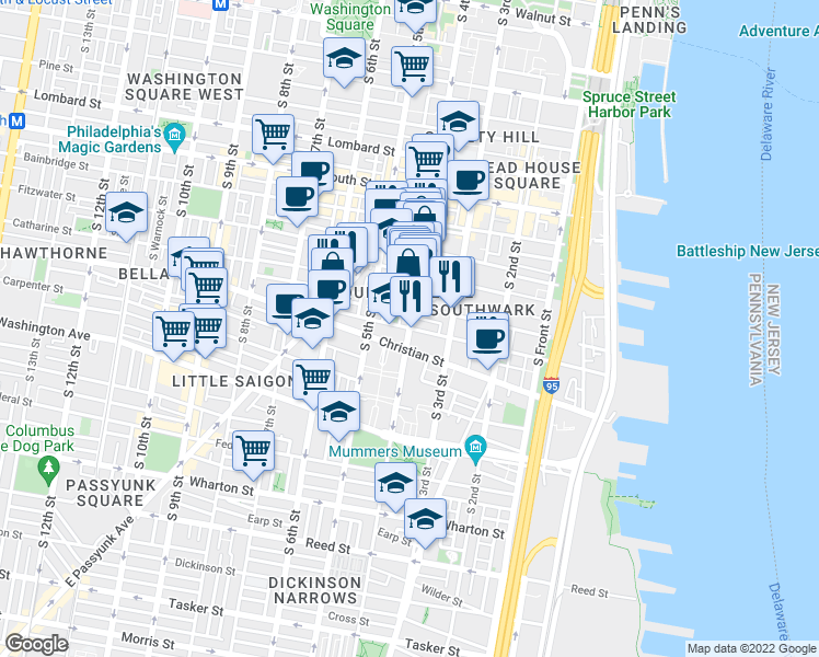 map of restaurants, bars, coffee shops, grocery stores, and more near S 4th St & Queen St in Philadelphia