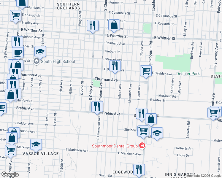 map of restaurants, bars, coffee shops, grocery stores, and more near 1348 Oakwood Avenue in Columbus