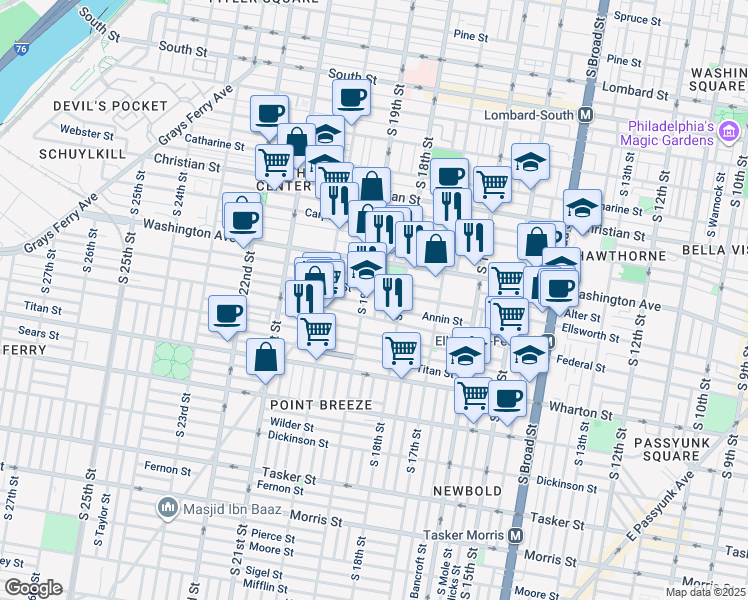 map of restaurants, bars, coffee shops, grocery stores, and more near 1150 S Dorrance St in Philadelphia