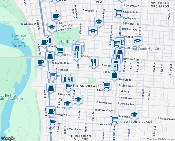 map of restaurants, bars, coffee shops, grocery stores, and more near 252 East Gates Street in Columbus