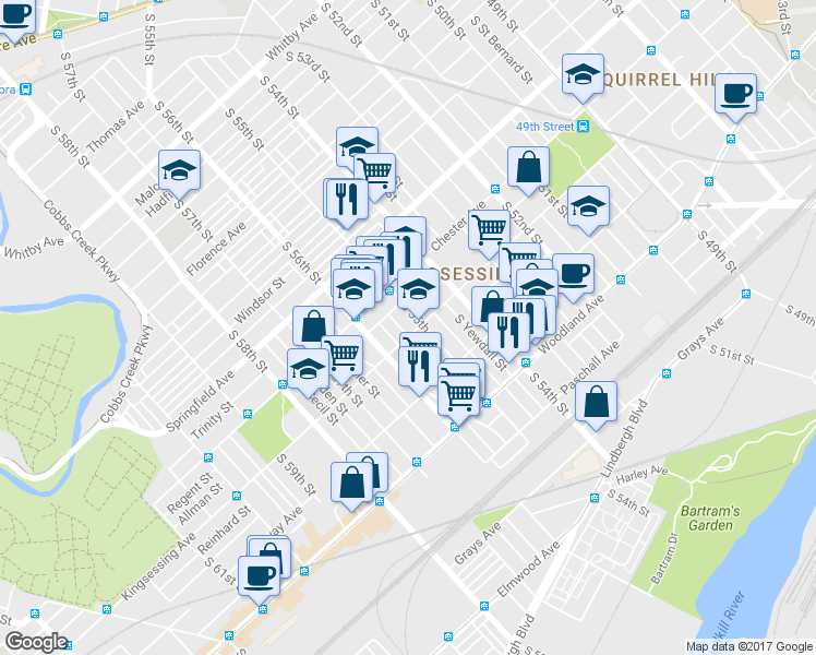 map of restaurants, bars, coffee shops, grocery stores, and more near 5513 Kingsessing Avenue in Philadelphia
