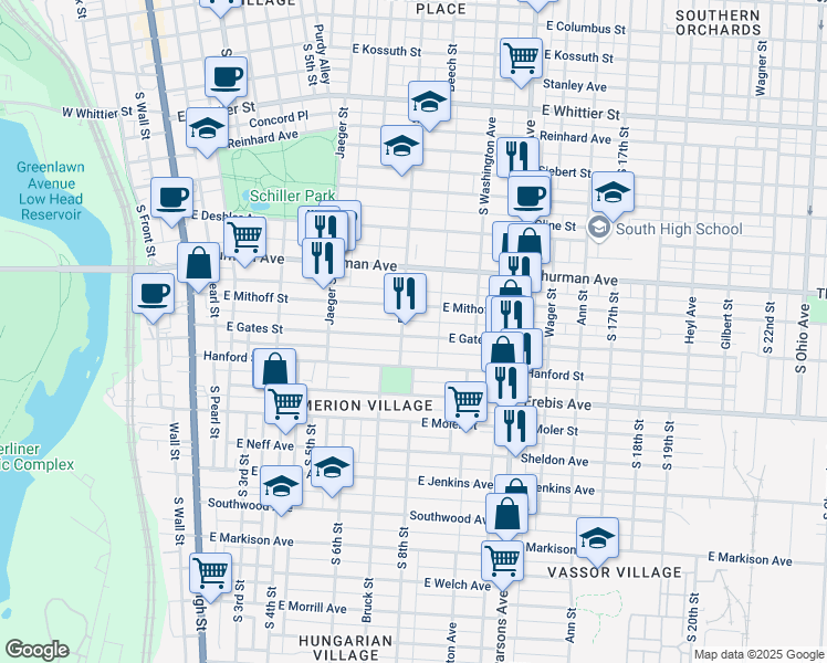 map of restaurants, bars, coffee shops, grocery stores, and more near 302 East Gates Street in Columbus