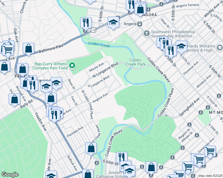 map of restaurants, bars, coffee shops, grocery stores, and more near 1300 Manor Road in Lansdowne