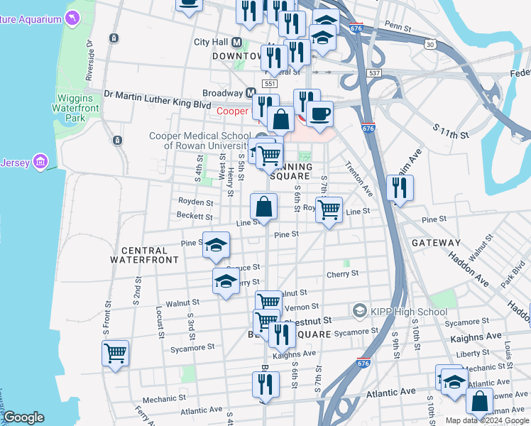 map of restaurants, bars, coffee shops, grocery stores, and more near 607 Broadway in Camden