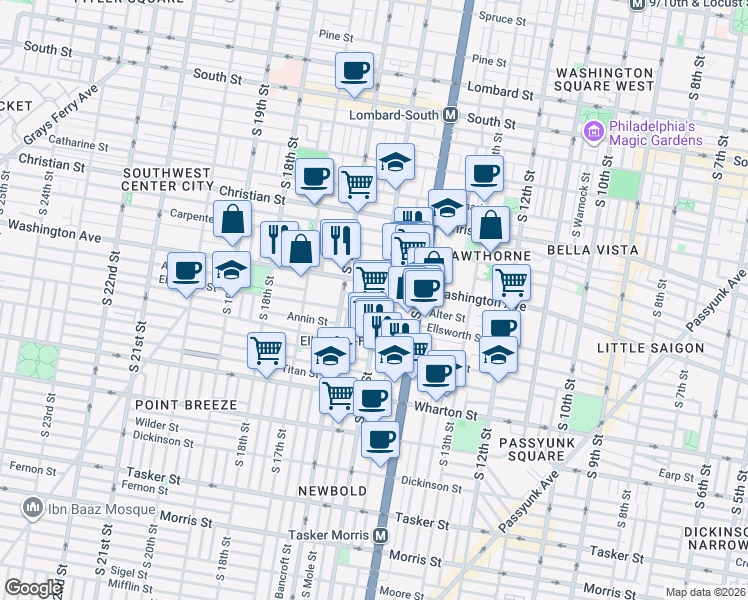 map of restaurants, bars, coffee shops, grocery stores, and more near 1518 Alter Street in Philadelphia