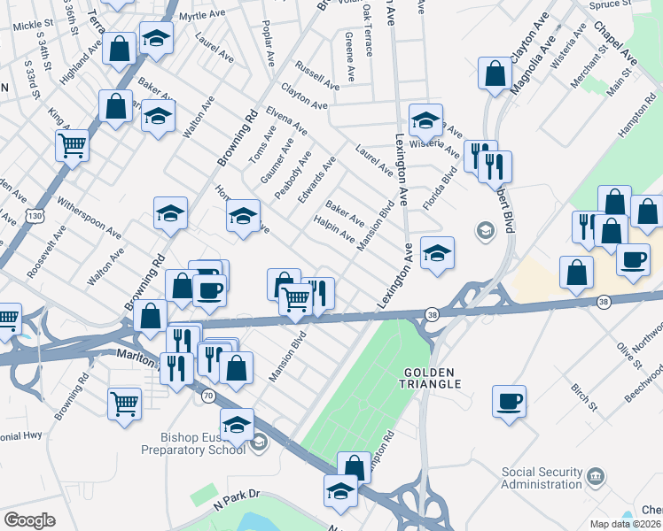 map of restaurants, bars, coffee shops, grocery stores, and more near 5323 Homestead Avenue in Pennsauken Township