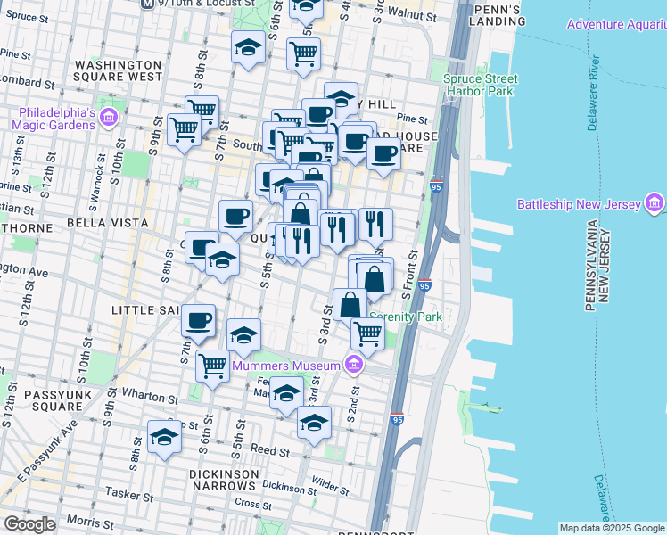 map of restaurants, bars, coffee shops, grocery stores, and more near 812 South 3rd Street in Philadelphia
