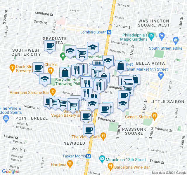map of restaurants, bars, coffee shops, grocery stores, and more near 1100 South Broad Street in Philadelphia
