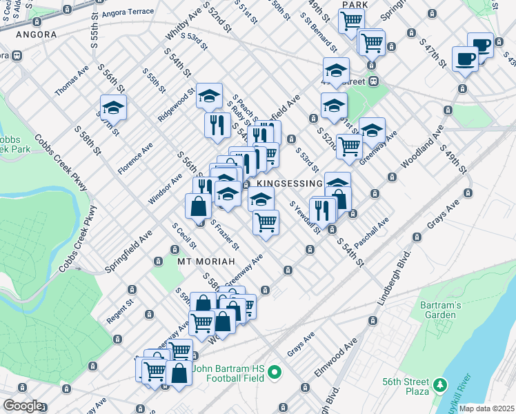 map of restaurants, bars, coffee shops, grocery stores, and more near 5513 Kingsessing Avenue in Philadelphia