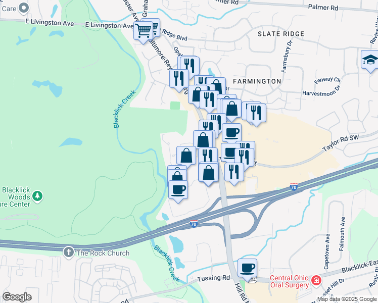 map of restaurants, bars, coffee shops, grocery stores, and more near 2277 Taylor Park Drive in Reynoldsburg
