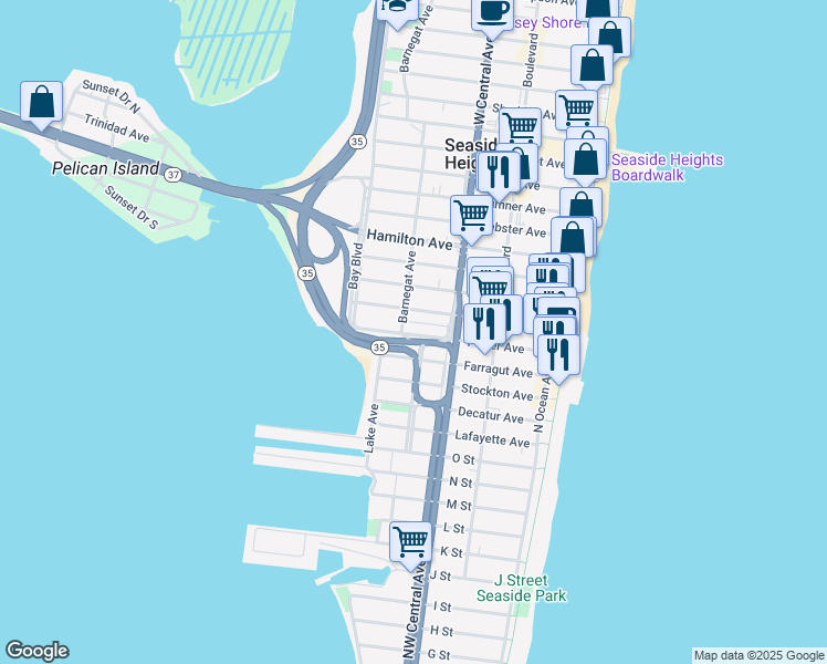 map of restaurants, bars, coffee shops, grocery stores, and more near 230 Porter Avenue in Seaside Heights