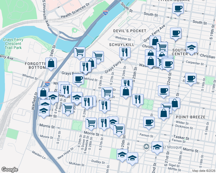 map of restaurants, bars, coffee shops, grocery stores, and more near 1252 South 27th Street in Philadelphia