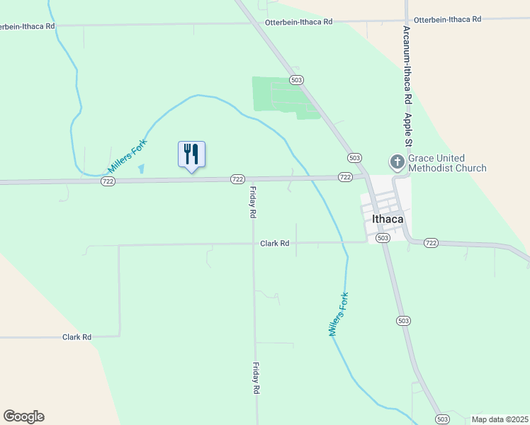 map of restaurants, bars, coffee shops, grocery stores, and more near 693 Friday Road in Arcanum