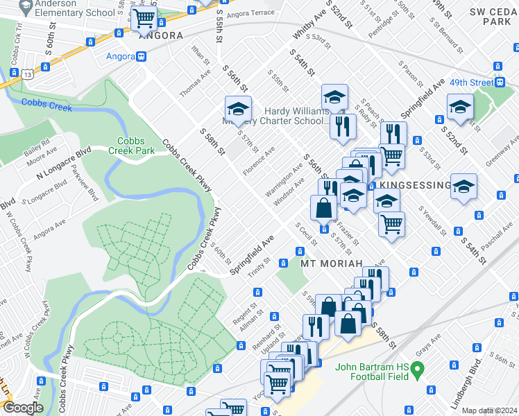 map of restaurants, bars, coffee shops, grocery stores, and more near 5808 Warrington Avenue in Philadelphia