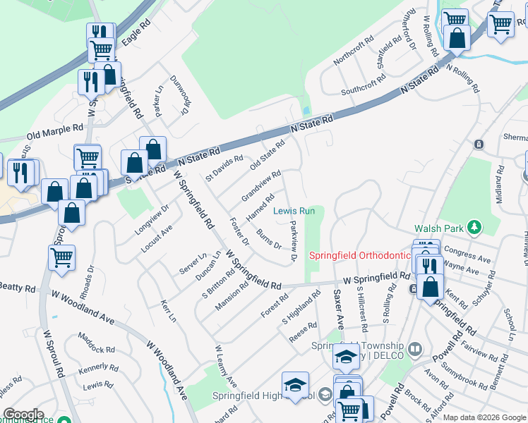 map of restaurants, bars, coffee shops, grocery stores, and more near 123 Harned Road in Springfield