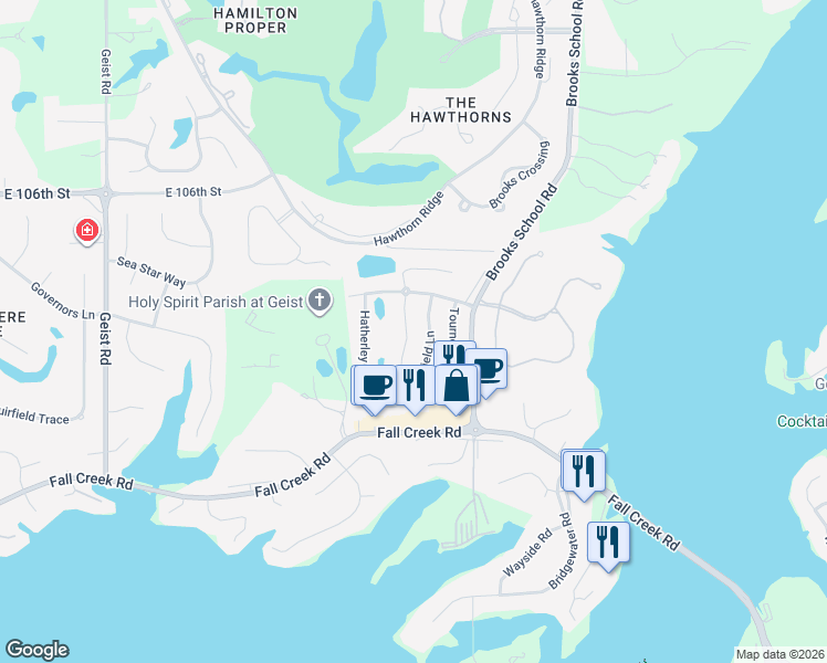 map of restaurants, bars, coffee shops, grocery stores, and more near 10255 Lothbury Circle in Fishers
