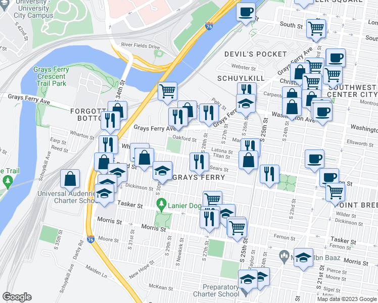 map of restaurants, bars, coffee shops, grocery stores, and more near 1270 South Dover Street in Philadelphia