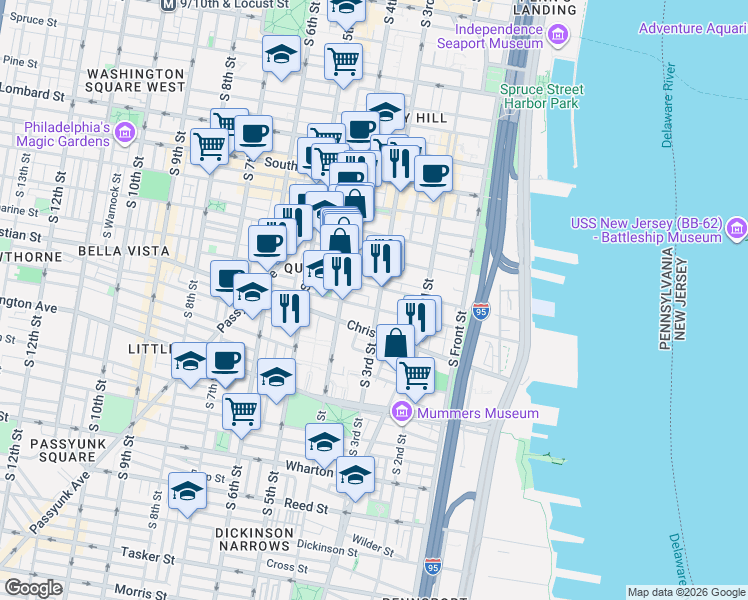 map of restaurants, bars, coffee shops, grocery stores, and more near 814 South 3rd Street in Philadelphia