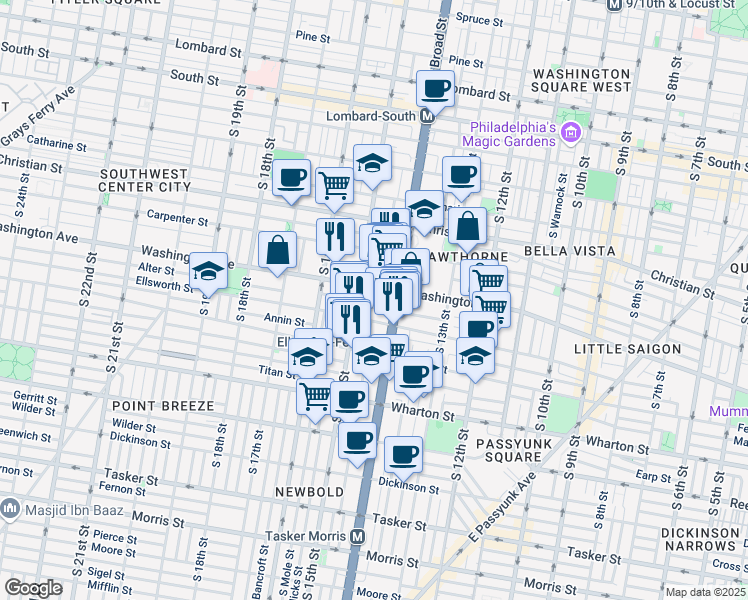 map of restaurants, bars, coffee shops, grocery stores, and more near 1100 South Broad Street in Philadelphia