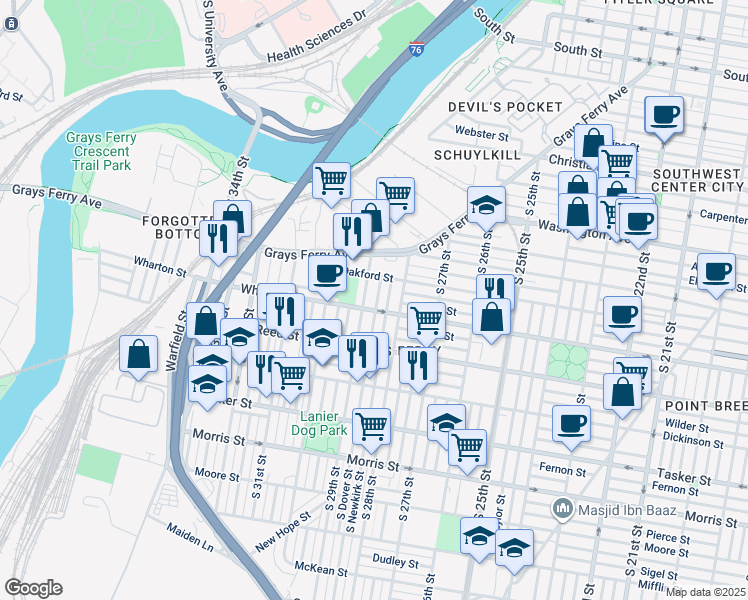 map of restaurants, bars, coffee shops, grocery stores, and more near 1270 South Dover Street in Philadelphia