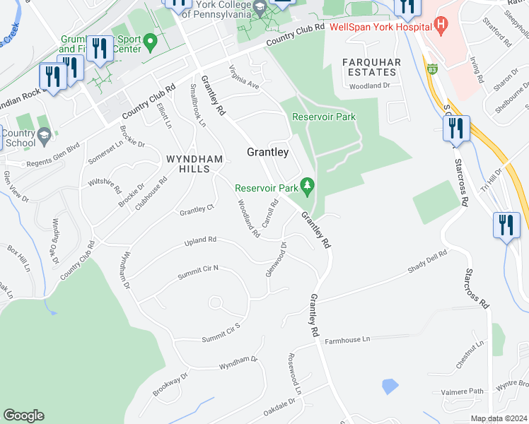 map of restaurants, bars, coffee shops, grocery stores, and more near 735 Carroll Road in York
