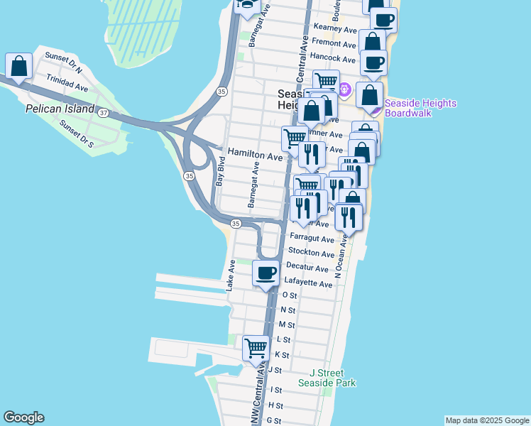 map of restaurants, bars, coffee shops, grocery stores, and more near 218 Porter Avenue in Seaside Heights
