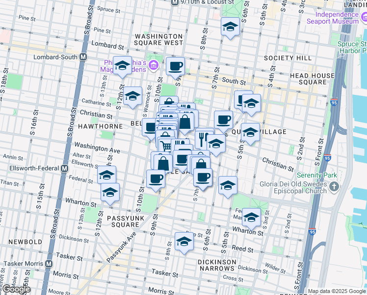 map of restaurants, bars, coffee shops, grocery stores, and more near 934 South 8th Street in Philadelphia