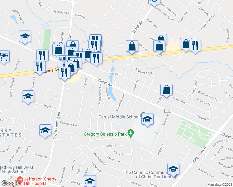 map of restaurants, bars, coffee shops, grocery stores, and more near 303 Lake Drive East in Cherry Hill