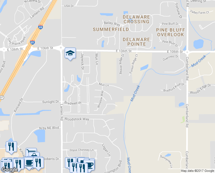 map of restaurants, bars, coffee shops, grocery stores, and more near 9187 Muir Lane in Fishers