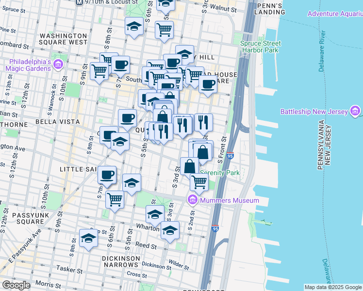 map of restaurants, bars, coffee shops, grocery stores, and more near 811 S 3rd St in Philadelphia
