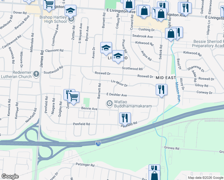 map of restaurants, bars, coffee shops, grocery stores, and more near 1679 Coburg Road in Columbus