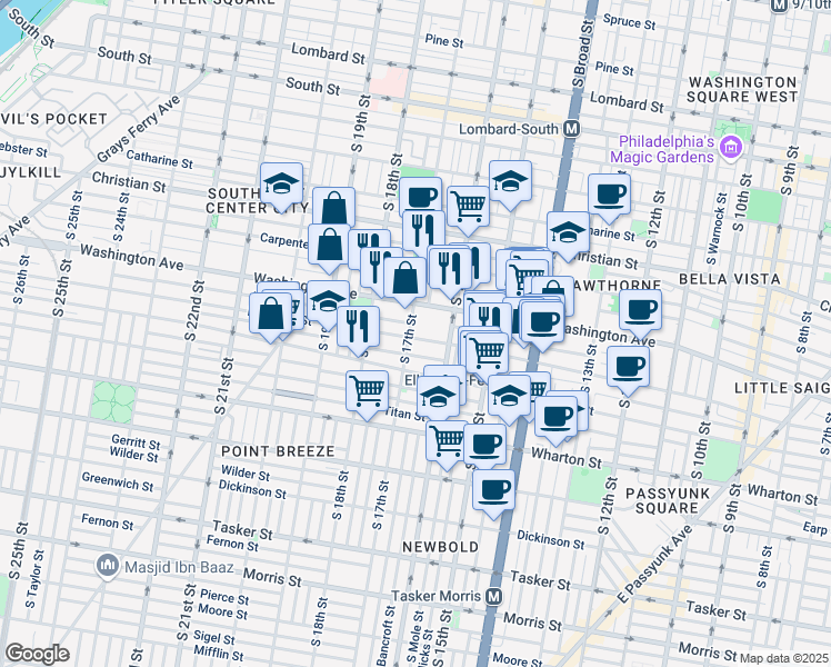 map of restaurants, bars, coffee shops, grocery stores, and more near 1645 Ellsworth Street in Philadelphia