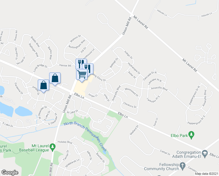 map of restaurants, bars, coffee shops, grocery stores, and more near 3101 Sweetleaf Terrace in Mount Laurel Township
