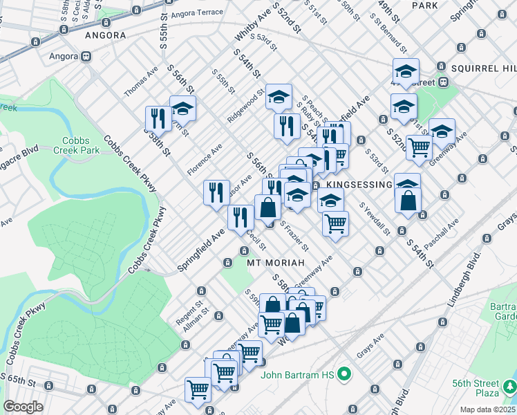 map of restaurants, bars, coffee shops, grocery stores, and more near 1811 South 57th Street in Philadelphia