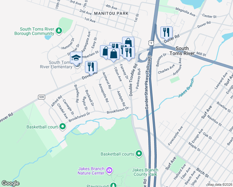 map of restaurants, bars, coffee shops, grocery stores, and more near 26 Amherst Road in Toms River