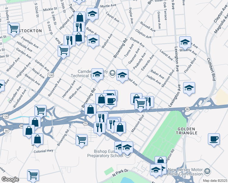 map of restaurants, bars, coffee shops, grocery stores, and more near 5155 Stonegate Drive in Pennsauken