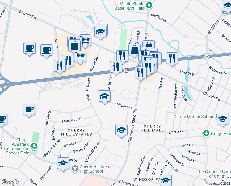map of restaurants, bars, coffee shops, grocery stores, and more near 28 Appley Court in Cherry Hill
