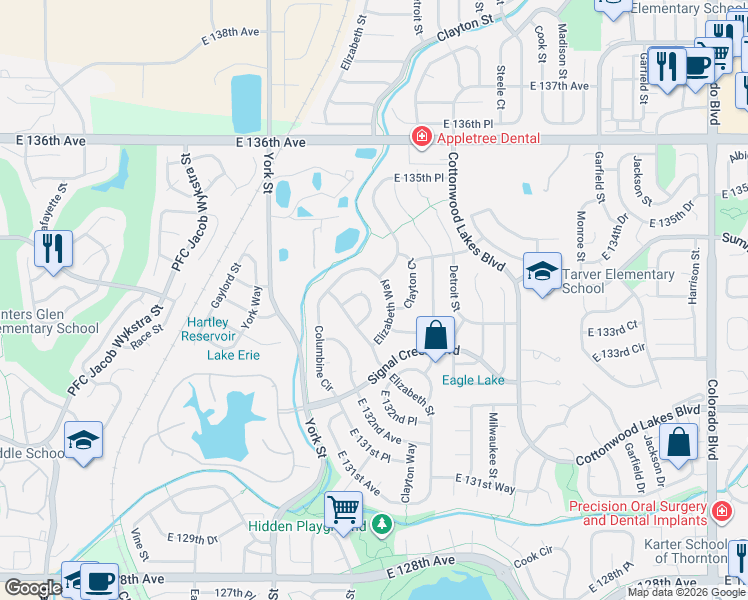 map of restaurants, bars, coffee shops, grocery stores, and more near 13344 Elizabeth Court in Thornton