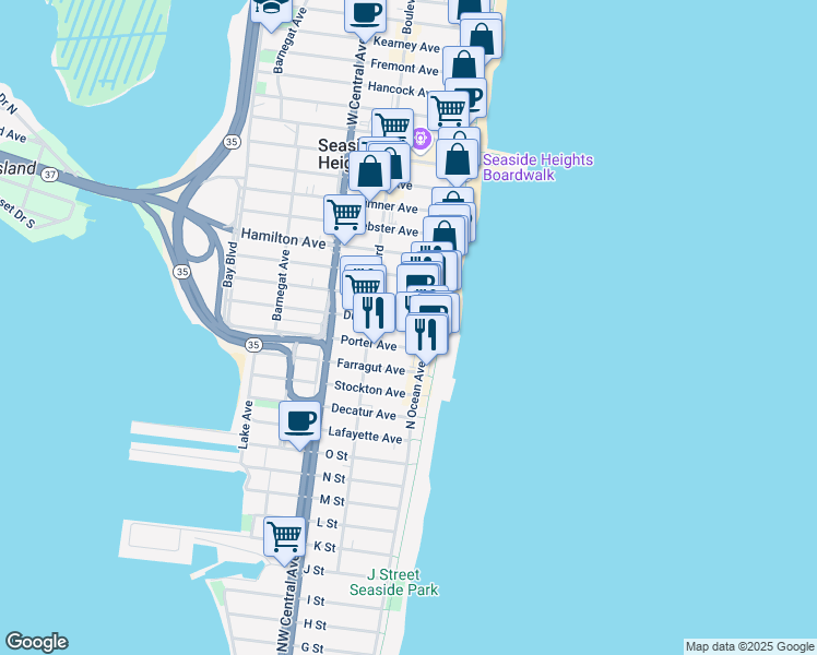 map of restaurants, bars, coffee shops, grocery stores, and more near 33 Dupont Avenue in Seaside Heights