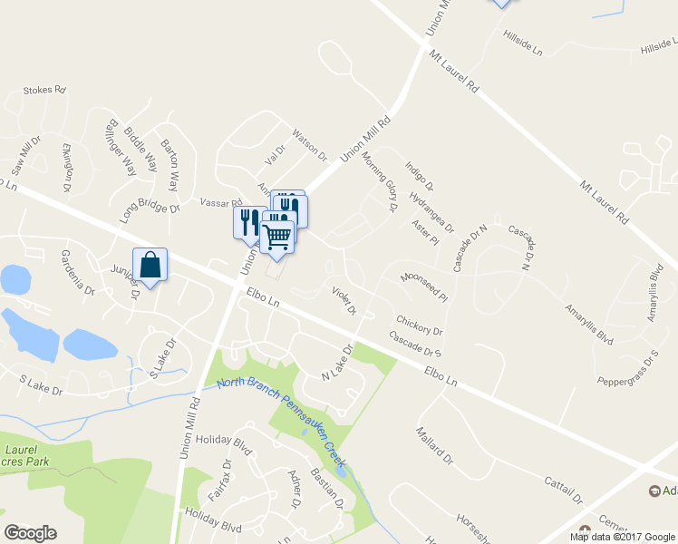 map of restaurants, bars, coffee shops, grocery stores, and more near 1805A Steeplebush Terrace in Mount Laurel