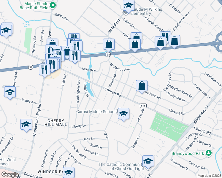 map of restaurants, bars, coffee shops, grocery stores, and more near 3005 Church Road in Cherry Hill