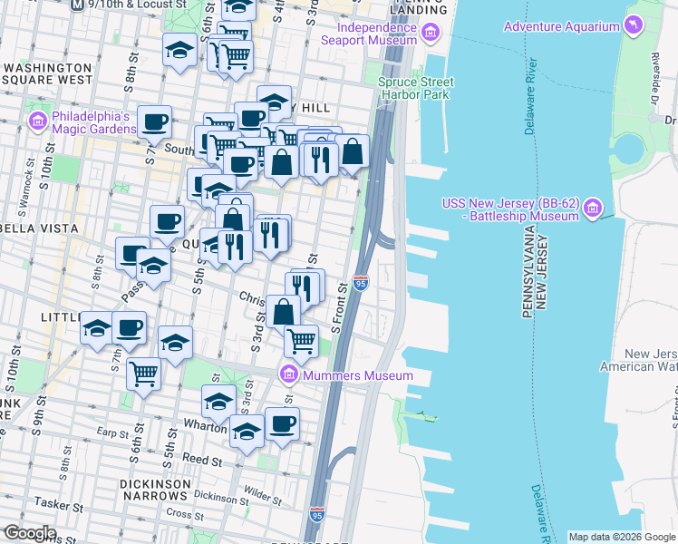 map of restaurants, bars, coffee shops, grocery stores, and more near 115 Catharine Street in Philadelphia