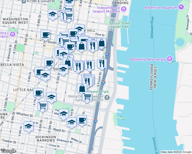 map of restaurants, bars, coffee shops, grocery stores, and more near 115 Catharine Street in Philadelphia