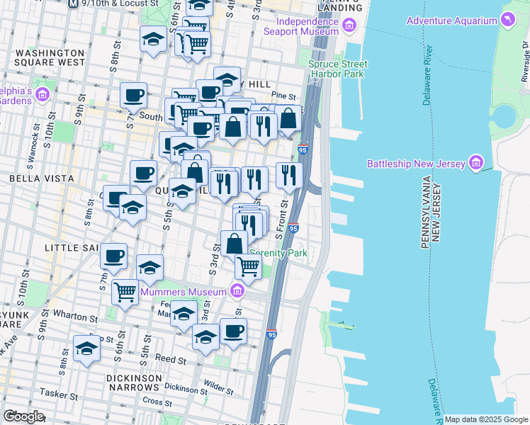 map of restaurants, bars, coffee shops, grocery stores, and more near 115 Catharine Street in Philadelphia